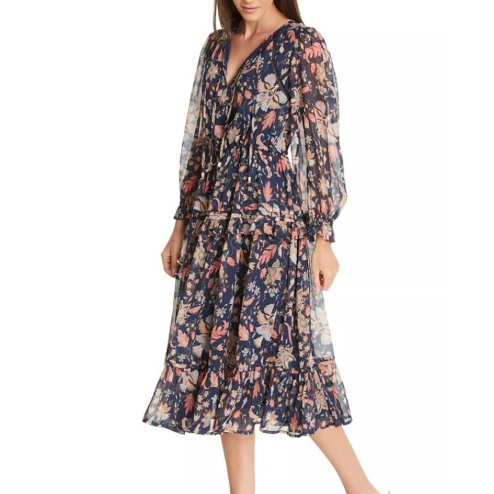 Sam Edelman Clarice Floral Split-Neck Midi Swing Dress XL Navy Blue Romantic